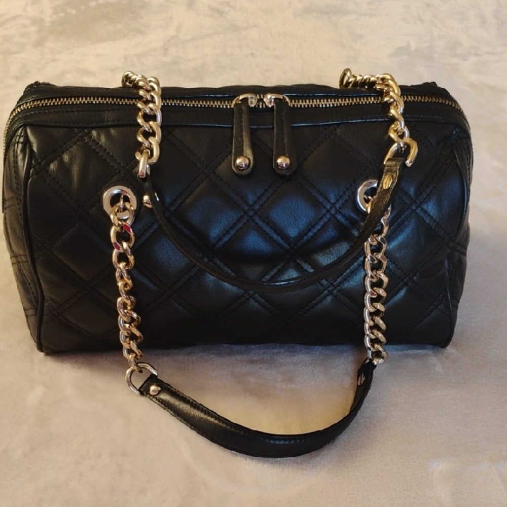 Black Quilted Leather Satchel with Gold Chain